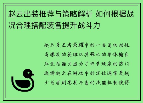赵云出装推荐与策略解析 如何根据战况合理搭配装备提升战斗力