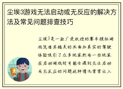 尘埃3游戏无法启动或无反应的解决方法及常见问题排查技巧